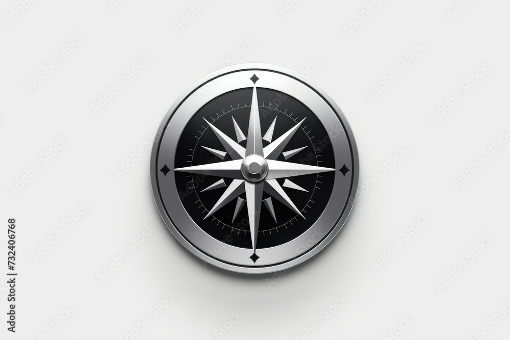 A black and silver compass displayed on a white wall. Perfect for navigation-themed designs