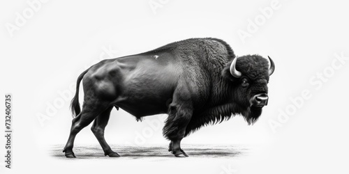 A black and white photo of a bison. Suitable for nature and wildlife themes