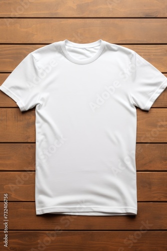 A white t-shirt placed on a wooden surface. Suitable for clothing advertisements or fashion-related designs