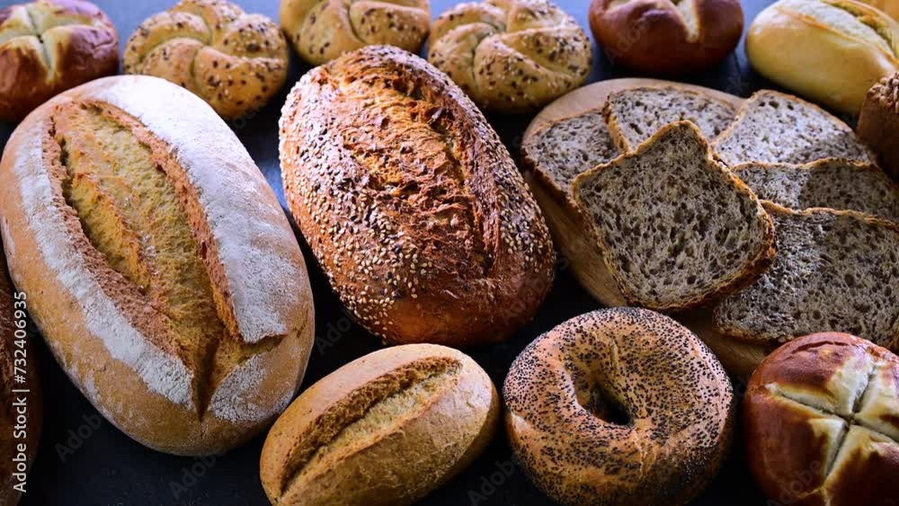 Assorted bakery products including loaves of bread and rolls.