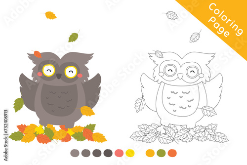 Owl happily playing with autumn leaves, black and white outline cartoon vector for coloring page. Printable coloring page template cartoon vector.