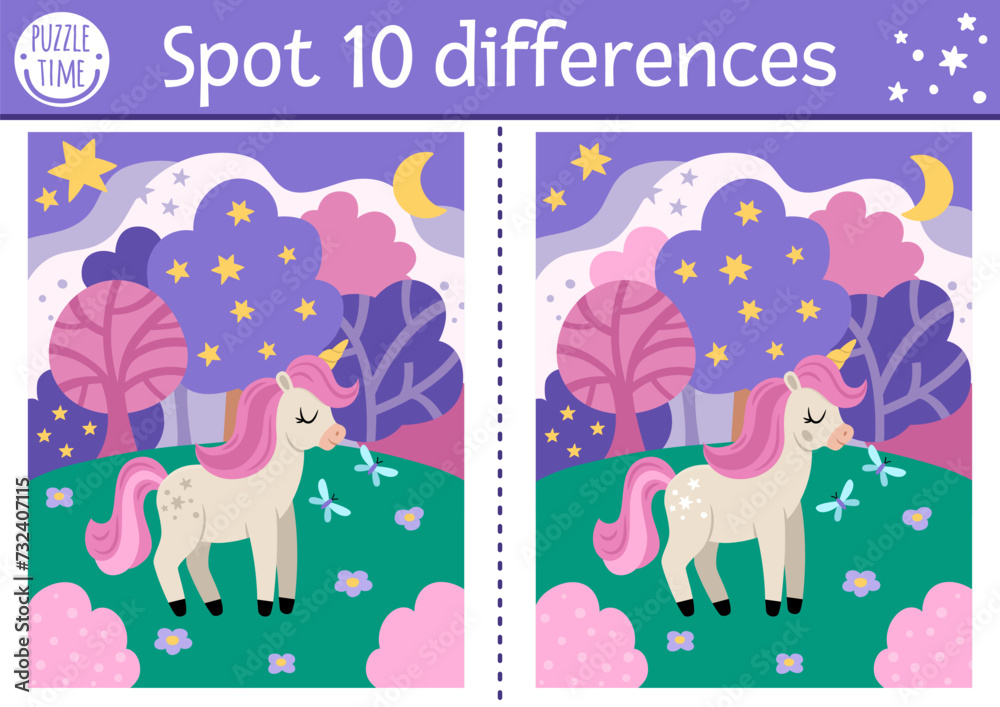 Obraz premium Unicorn find differences game for children. Fairytale educational activity with horse with horn, magic forest, night landscape background. Cute puzzle for kids with funny fantasy character.