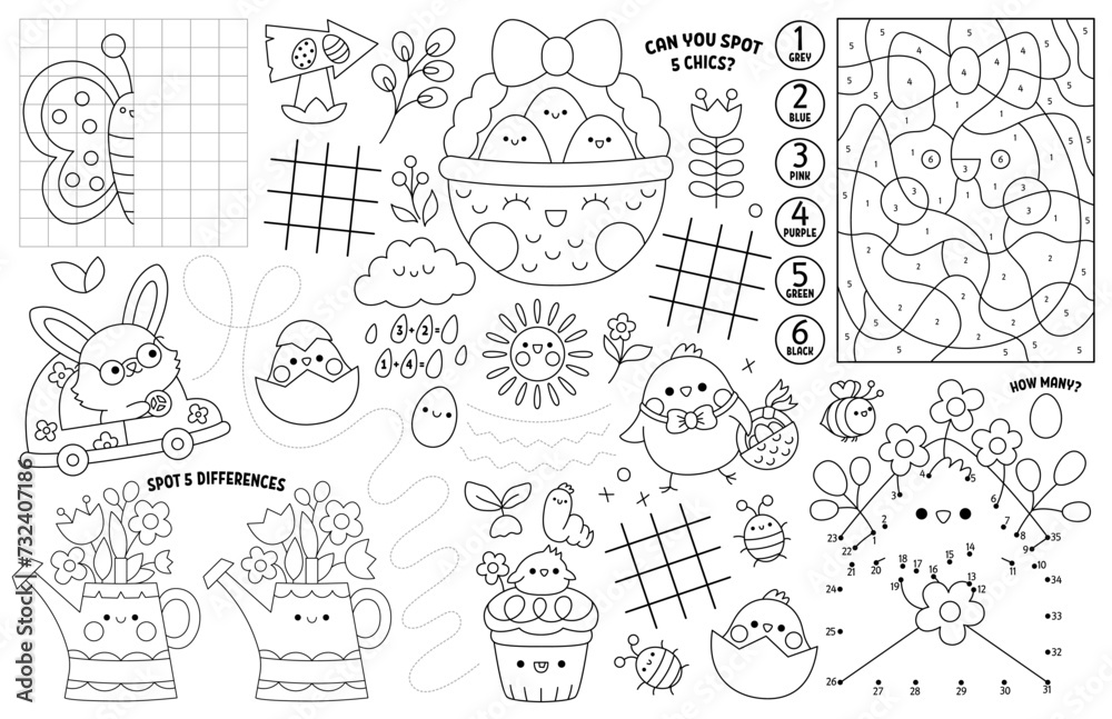 Vector kawaii Easter placemat for kids. Spring holiday printable activity mat with maze, tic tac toe charts, connect the dots, find difference. Black and white play mat, coloring page with bunny. - obrazy, fototapety, plakaty 
