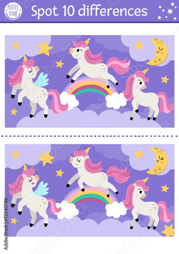 Find differences game for children with unicorns. Fairytale educational activity with horse with horn, rainbow, magic night landscape background. Cute puzzle for kids with funny fantasy character.