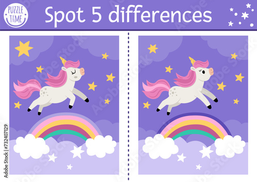 Unicorn find differences game for children. Fairytale educational activity with horse jumping through rainbow, magic night landscape background. Cute puzzle for kid with funny fantasy character.