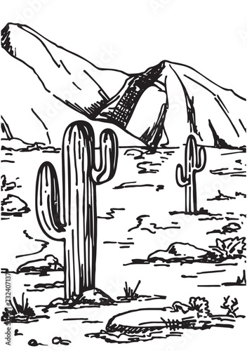 Sketch of the desert of America with cacti. Summer cactus on desert. Prairie landscape. Arizona vector artwork. Hand drawn ink sketch vector illustration.