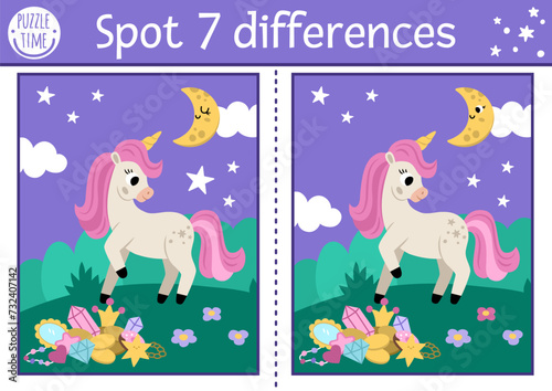 Unicorn find differences game for children. Fairytale activity with horse with horn, treasures, magic night landscape background with moon. Cute puzzle for kids with funny fantasy character.