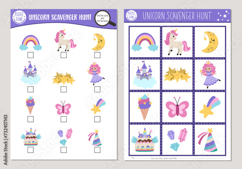 Vector unicorn scavenger hunt cards set. Seek and find game with cute fairy, castle, rainbow for kids. Fairytale searching activity. Simple magic or fantasy world educational printable worksheet .