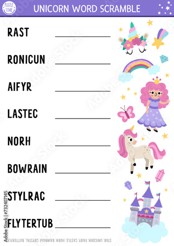 Vector unicorn word scramble activity page. English language game with fairy, castle, rainbow, butterfly, star for kids. Magic or fantasy family quiz. Fairytale educational printable worksheet.