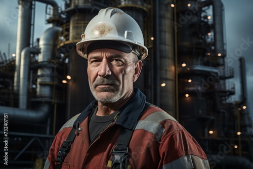 Oil refinery worker. Industry pipe. Generate Ai © juliars