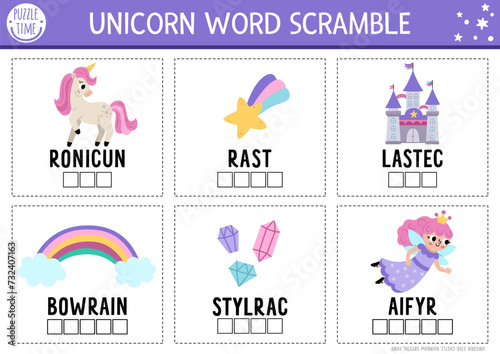 Vector unicorn word scramble activity page. English language game with fairy, castle, rainbow for kids. Magic or fantasy family quiz. Fairytale educational printable worksheet.