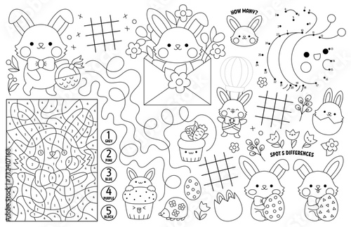 Vector kawaii Easter placemat for kids. Spring holiday printable activity mat with maze, tic tac toe charts, connect the dots, find difference. Black and white play mat, coloring page with bunny.