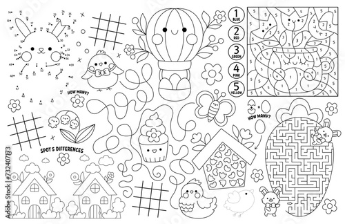 Vector kawaii Easter placemat for kids. Spring holiday printable activity mat with maze, tic tac toe charts, connect the dots, find difference. Black and white play mat, coloring page with bunny.