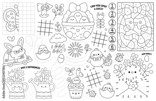 Vector kawaii Easter placemat for kids. Spring holiday printable activity mat with maze, tic tac toe charts, connect the dots, find difference. Black and white play mat, coloring page with bunny.