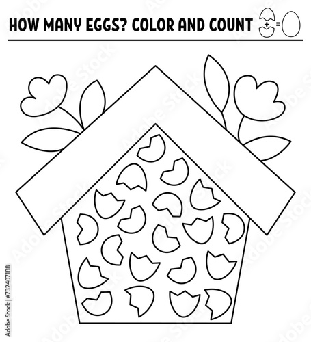 Vector black and white Easter coloring and math puzzle with bird house and eggs halves. Find the half and count. Logical printable counting activity for kids. Cute spring worksheet or coloring page.