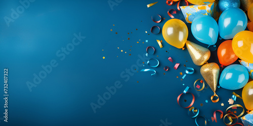 Fototapeta Blue Birthday Background with Balloons Hats Streamers and Confetti Big sale with 3d balloons, realistic blue and yellow air balloons, stars and confetti on blue background.