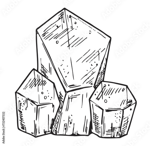 Crystal sketch. Crystal cluster, minerals, diamonds. Minerals, crystals and gems. Natural elements. Rough glowing rocks stalagmite. Hand drawn vector gems sketch style isolated on white.