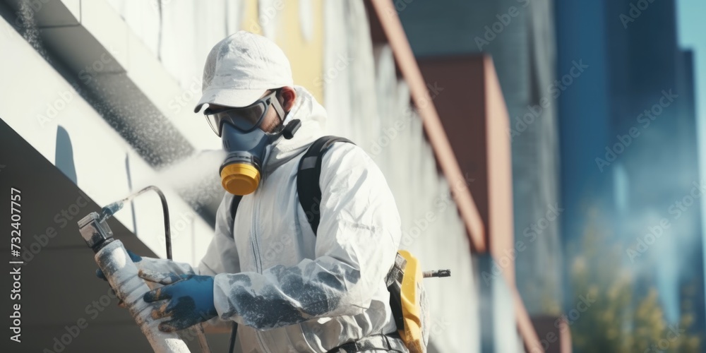 A man in a white suit is seen spraying a building with a spray gun. This image can be used to depict maintenance, construction, or renovation work