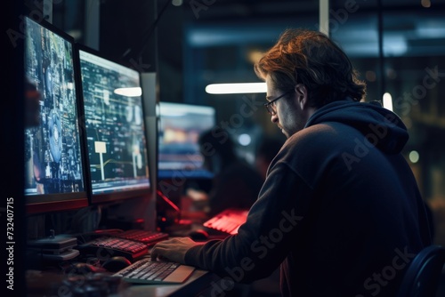 A man is seen sitting in front of a computer monitor. This image can be used to depict work, technology, or online activities