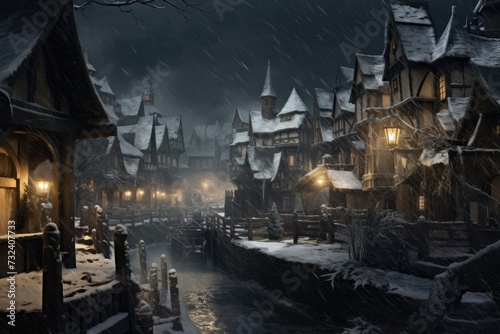 A picturesque snowy night in a charming town with a river running through it. Perfect for winter-themed designs and holiday promotions