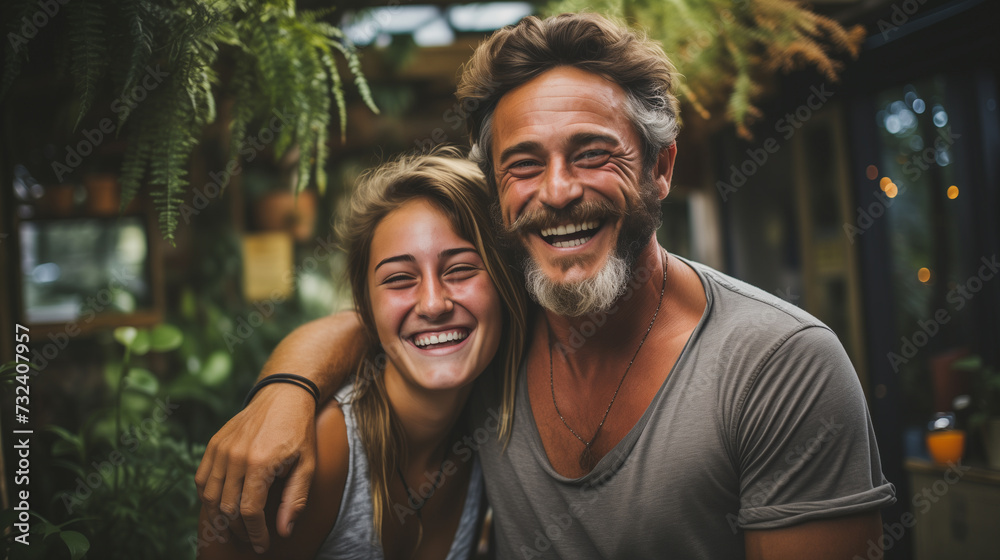 Portraits of men and women. Father and daughter on the blurred background. Concept of happy family Portraits of men and women. Father and daughter on the blurred background. Concept of happy family
