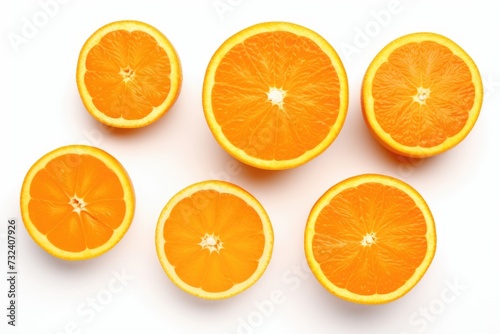 A group of oranges cut in half  displayed on a white surface. Suitable for food and nutrition-related projects