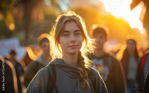 Young Woman Standing in Front of a Crowd of People