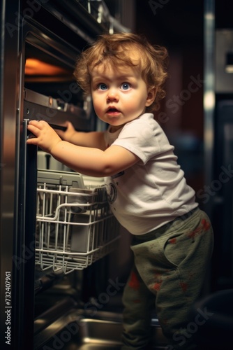 A toddler reaching into a dishwasher in a kitchen. Perfect for illustrating the curiosity and exploration of young children. Can be used in parenting articles or for promoting child safety awareness