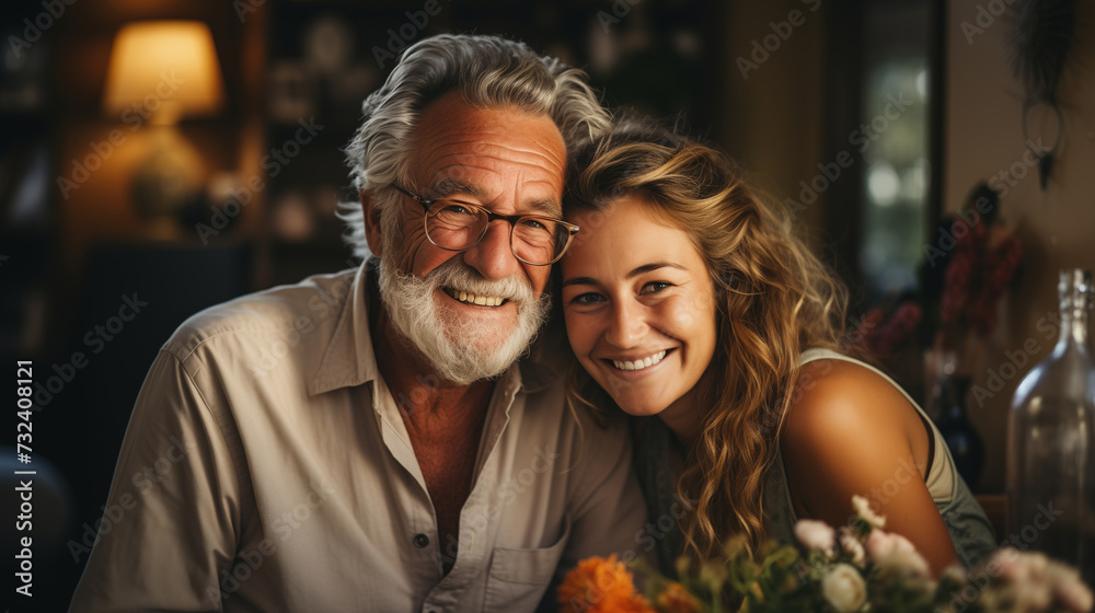 Portraits of men and women. Father and daughter on the blurred background. Concept of happy family