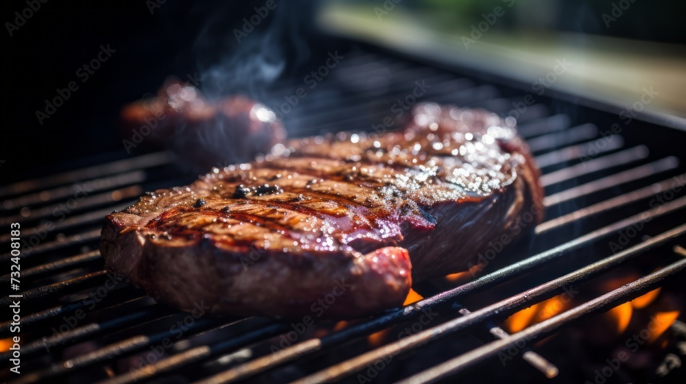 Beef steaks on the grill with flames