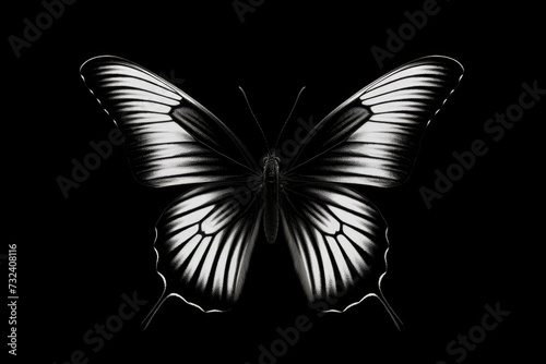A black and white butterfly captured against a black background. Suitable for various design projects