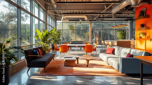 A modern, sunlit office lounge featuring comfortable sofas, a foosball table for breaks, and a breathtaking view of nature through floor-to-ceiling windows.