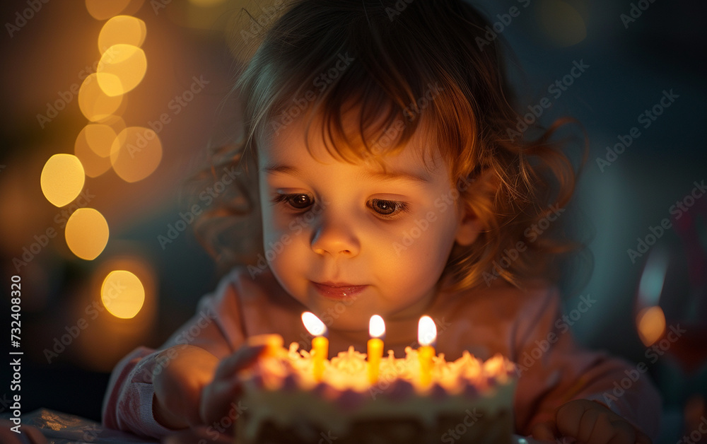 Little Girl Observing Birthday Cake With Lit Candles Little Girl Observing Birthday Cake With Lit Candles
