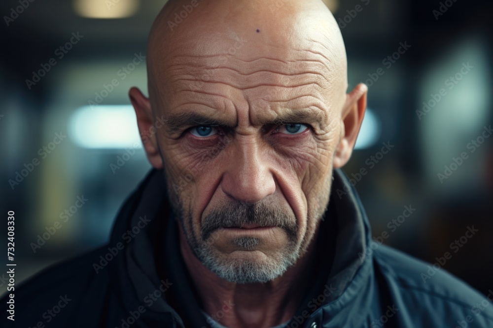 A picture of a man with a bald head and piercing blue eyes. Suitable for various themes and concepts