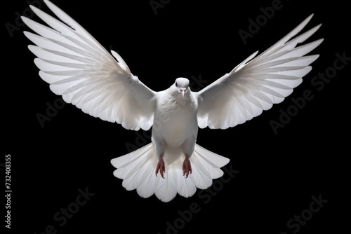 A white dove flying gracefully in the air against a black background. Perfect for symbolizing peace and freedom.