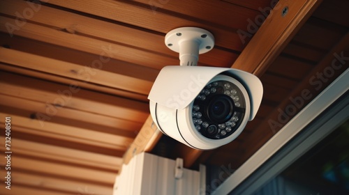 A compact and efficient security camera mounted on the ceiling of a house. Ideal for monitoring and ensuring the safety of your home. Perfect for home security system advertisements or articles