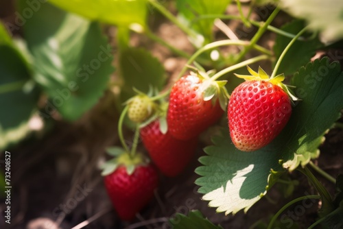 Red strawberries hanging from plant in plantation