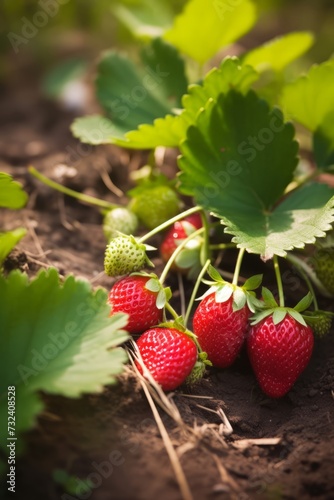 Red strawberries hanging from plant in plantation