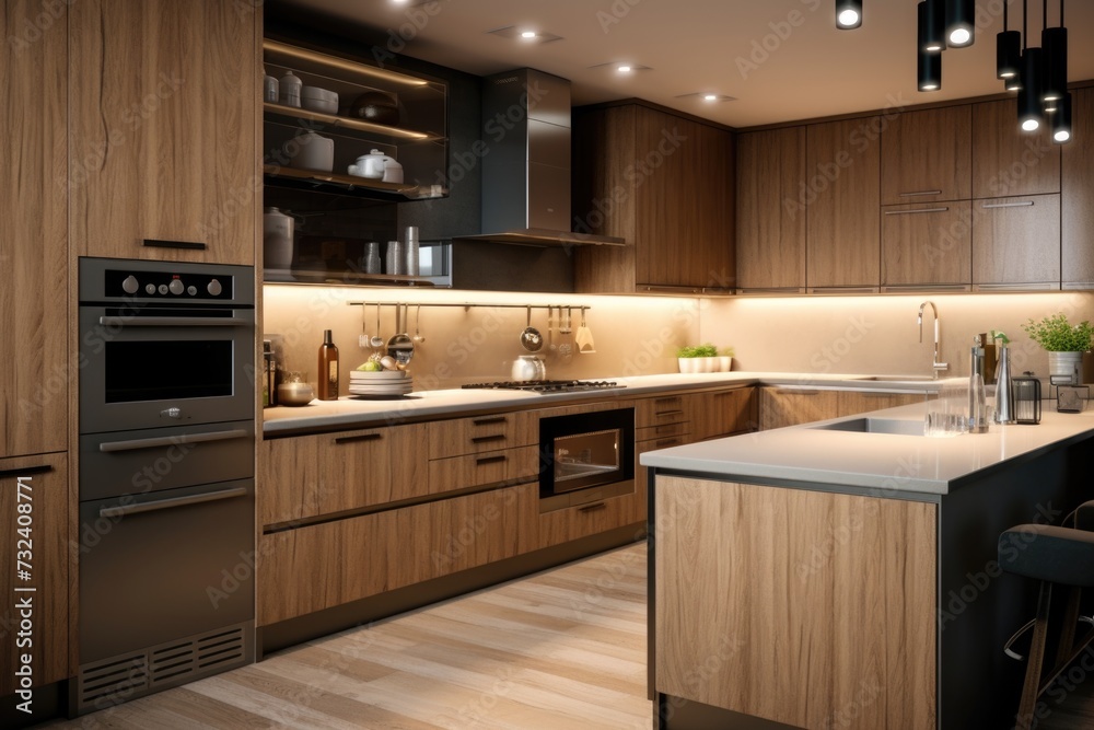 A contemporary kitchen featuring sleek wood cabinets and state-of-the-art stainless steel appliances. Perfect for showcasing modern home designs or illustrating the latest kitchen trends. A contemporary kitchen featuring sleek wood cabinets and state-of-the-art stainless steel appliances. Perfect for showcasing modern home designs or illustrating the latest kitchen trends.