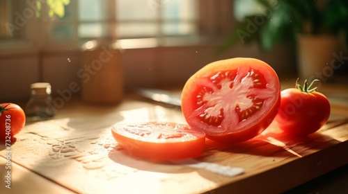chopped tomatoes on wooden cutting board photo