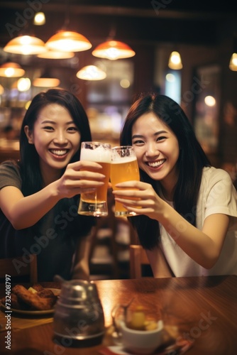 Two women raising their beer glasses in a toast at a restaurant. Suitable for illustrating socializing, friendship, and celebrations.