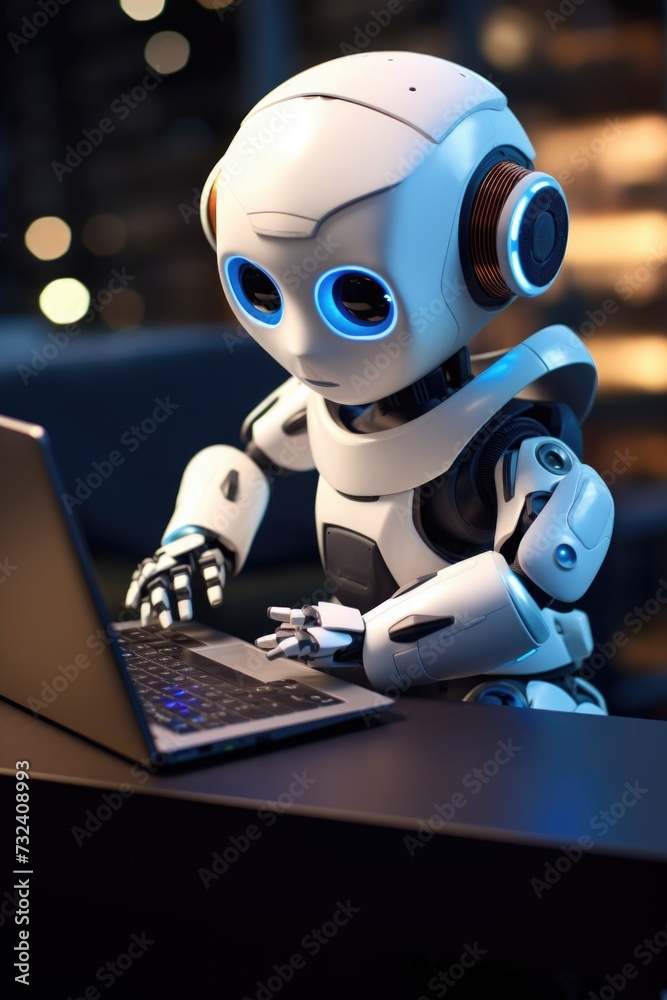 A robot sitting at a table, engaged in work on a laptop. Suitable for technology and artificial intelligence concepts A robot sitting at a table, engaged in work on a laptop. Suitable for technology and artificial intelligence concepts