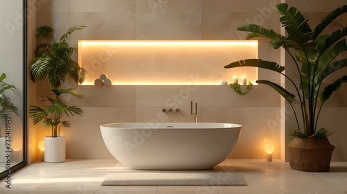 A large bathtub sits between two potted plants in a sunlit luxury bathroom.