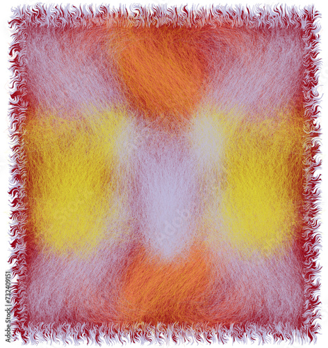 Square fluffy guilt  mat,blanket, , rug, carpet, tapestry with grunge rough colorful weave elements in violet, yellow, orange colors  on purple backdrop and decorative  zigzag fringe isolated on white