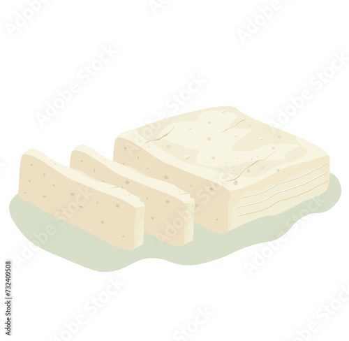 Tofu pieces soy bean. Feta cheese. Curd nutrition , healthy food. Vegan organic soy cheese. Milkbean curd food of coagulating soy milk. Vector illustration isolated on white background