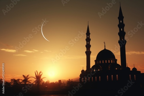 A picturesque sunset view of a mosque with a crescent in the sky. Perfect for religious or travel-related projects