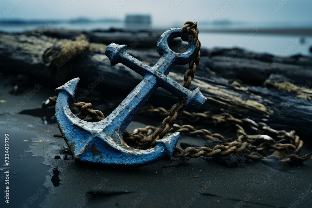Obraz premium Old ship anchor on blue marine background. Nautical boat equipment for water navigation. Generate ai