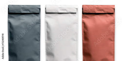 Three bags of different colors placed on a white surface. Can be used for showcasing fashion accessories or as a visual representation of variety and choice