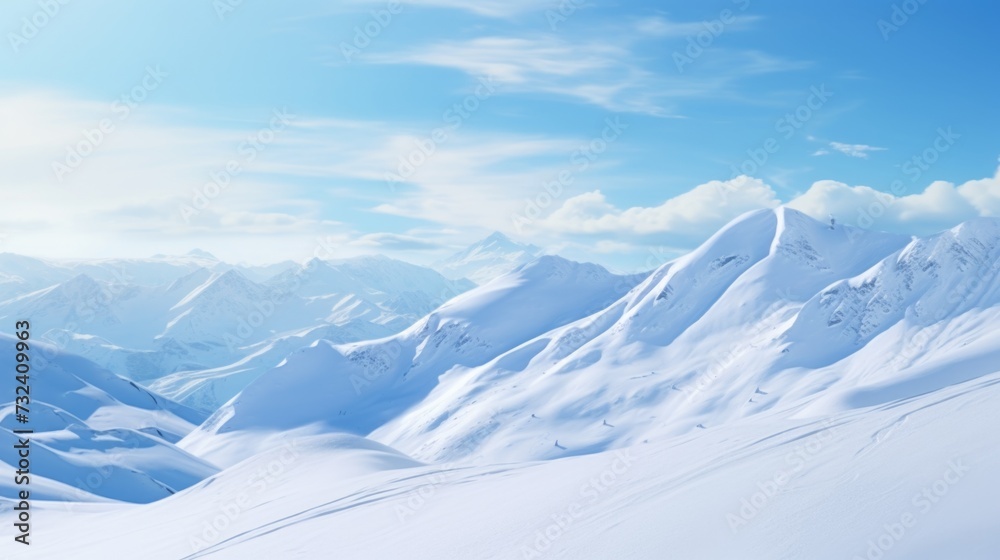 A man is skiing down a snow covered slope. This image can be used to depict winter sports and outdoor activities