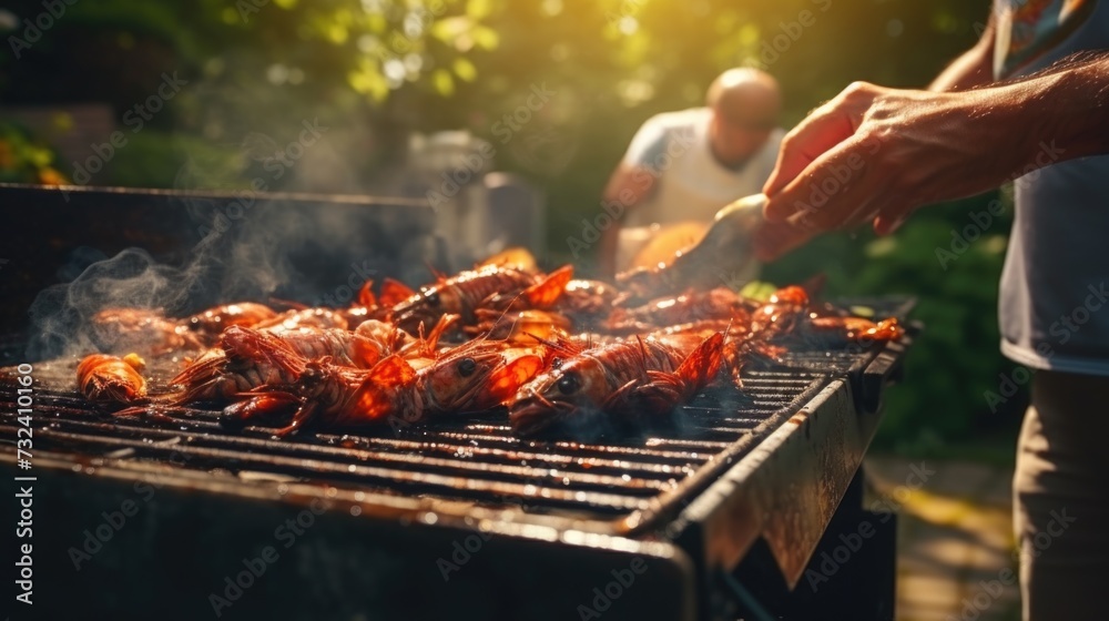A man is grilling meat on a grill. This image can be used to depict outdoor cooking or barbecues